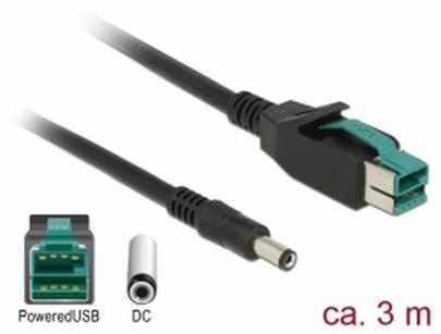 Delock PoweredUSB Kabel Stecker 12 V > DC 5,5 x 2,1 mm Stecker 3 m for POS Drucker and Terminals