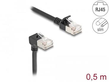 Delock Síťový kabel RJ45 Cat.6A S/FTP, Slim, zalomený dolů o 90° / přímý, 0,5 m, černý