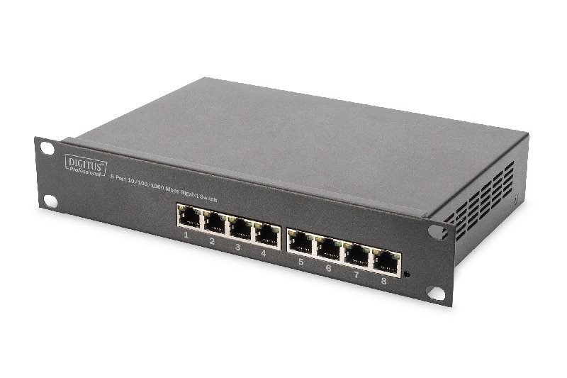 DIGITUS 10 inch 8-port Gigabit Ethernet Switch, 8 x 10/100/1000Mbps RJ45, build-in power, incl. 10inch brackets