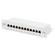 DIGITUS CAT 5e, patch panel třídy D, stíněný, 12 portů RJ45 8P8C, LSA, 1U, 254 mm (10 "), montáž do stojanu, šedá