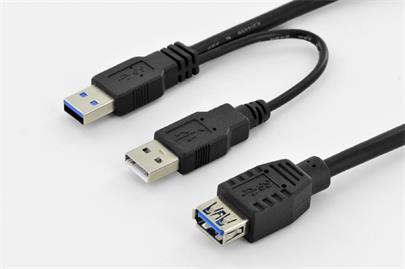 Digitus Kabelový adaptér USB 3.0 Y, typ 2xA - A M/M/F, 0,3 m, superrychlost, bl