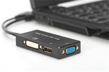 DIGITUS Kabelový převodník HDMI, HDMI - DP + DVI + VGA MF/F/F, 0,2 m, Multi-Media 3 v 1, CE, bl, zlato