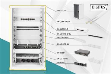 Digitus -SÍŤOVÁ SADA - 12U Rack, Police, PDU, 8port Switch, Patch panel, Cable organizer, Patch Cable