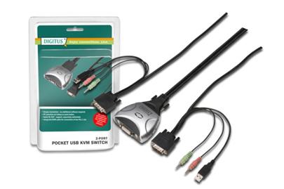 Digitus USB kapesní přepínač KVM pro DVI, 2 porty, 1 uživatel se zvukem, sada pevných kabelů; 1,2 M