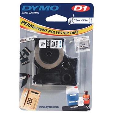 Dymo originální páska do tiskárny štítků, Dymo, 16959, S0718060, černý tisk/bílý podklad, 5.5m, 12mm, D1, speciální - pe