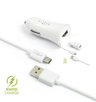 FIXED Rapid Charge autonabíječka s odnímatelným USB-C kabelem, 2,4A bílá