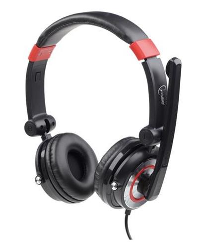 GEMBIRD sluchátka s mikrofonem MHS-5.1-001 kožená 5.1 Surround USB PROFI HQ, ovl. hlasitosti, černo-červená