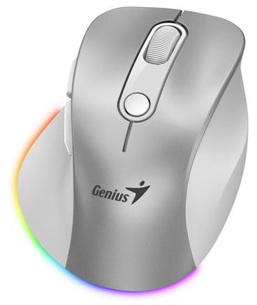 Genius Ergo 9000S Pro Myš, bezdrátová, optická, 2400DPI, 6 tlačítek, BT, 2,4GHz, USB-C nabíjení, tichá, 7barevné podsv.,stříbrná