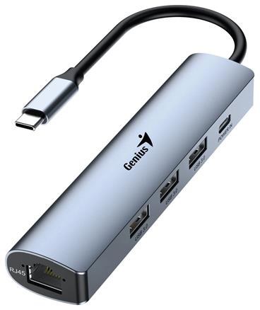 Genius UH-545 USB Hub, externí, USB-C na 3× USB 3.0, 1× USB-C, RJ-45 Gigabit Ethernet, 15cm, šedý