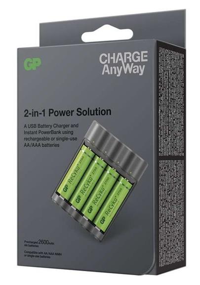GP Charge AnyWay 2v1 nabíječka/powerbanka + 4x AA Recyko+ 2700, USB, 6 hod..