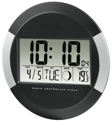 HAMA nástěnné hodiny PP-245/ digitální/ řízené rádiovým signálem DCF/ 1x AA/ černé