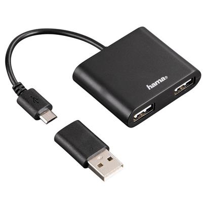 HAMA USB HUB/ 2 porty/ USB 2.0 OTG/ pro smartphone/tablet/notebook/PC/ USB A-USB micro-B/ černý