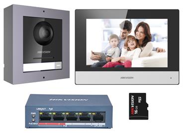 Hikvision DS-KIS602 kit IP videotelefonu, bytový monitor + dveřní stanice + switch + microSD