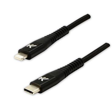 Kabel USB (2.0), USB C M- Apple Lightning M, 1m, MFi certifikace, 5V/3A, černý, Logo, box, nylonové opletení, hliníkový