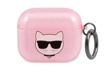 Karl Lagerfeld TPU Glitter Choupette Head pouzdro pro Airpods 3 růžové