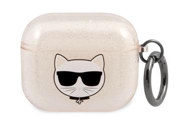 Karl Lagerfeld TPU Glitter Choupette Head pouzdro pro Airpods 3 zlaté