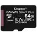 KINGSTON 64GB microSDHC CANVAS Plus Memory Card 100MB read - UHS-I class 10 Gen 3 - bez adaptéru