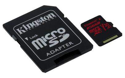 Kingston paměťová karta 256GB Canvas React micro SDXC UHS-I V30 (čtení/zápis: 100/80MB/s) + SD adaptér