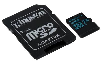 Kingston paměťová karta 32GB Canvas Go! micro SDHC UHS-I U3 (čtení/zápis: 90/45MB/s) + SD adaptér