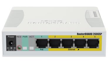 Mikrotik RouterBOARD RB260GSP/ nastavitelný 5-portový gigabit smart switch SFP cage/ SwOS/ zdroj, PoE out