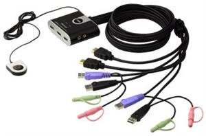 Mini KVM přepínač (USB Klávesnice a Myš, HDMI, Audio) 2:1 USB, integrované kabely (CS692), 1,2m