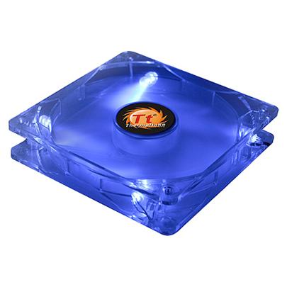 modrý LED ventilátor DC 8cm, Thermaltake, ložisko kluzné, 12V, antivibrační úchyty, 21dBA