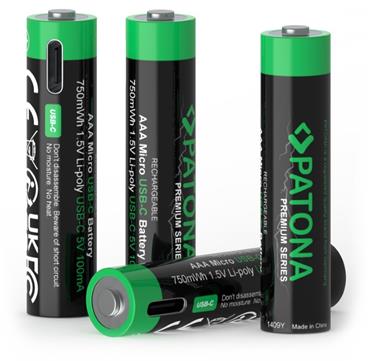 PATONA nabíjecí baterie AAA/LR03 Li-Pol 500mAh 1,5V s USB-C nabíjením, 4ks v balení