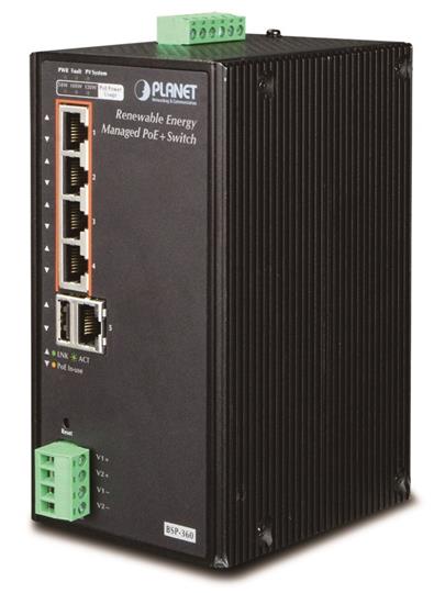 Planet BSP-360 solární PoE router/switch, 5x LAN s PoE 802.3at, 1x WAN, PV vstup 24-45V/15A, 24V/1A výstup