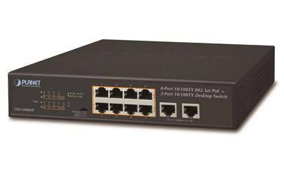 Planet FSD-1008HP, PoE switch 8x PoE 802.3at 120W+ 2x 100Base-TX,VLAN,extend mód 10Mb/s do 250m, fanless