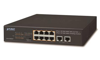 Planet GSD-1008HP, PoE switch 8x PoE 802.3at 120W+ 2x 1000Base-T,VLAN,extend mód 10Mb/s do 250m, fanless