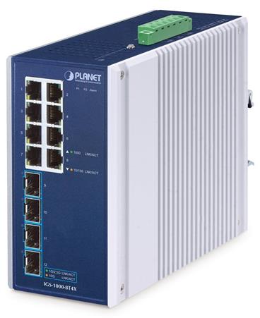 Planet IGS-1000-8T4X průmyslový L2 switch, 8x1Gb, 4x10Gb SFP+, -40~75°C, 9-48VDC, IP30, fanless