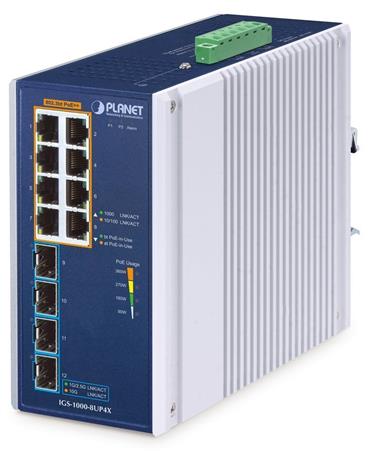 Planet IGS-1000-8UP4X průmyslový L2 switch, 8x1Gb, 4x10Gb SFP+,8x PoE 802.3bt 240W, -40~75°C, dual 48-54VDC,IP30,fanless