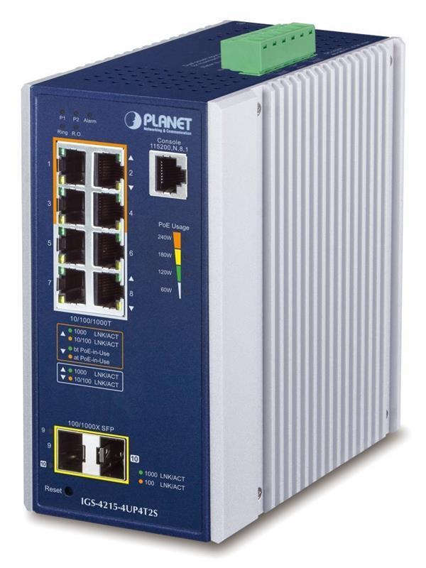 Planet IGS-4215-4UP4T2S průmyslový L2 PoE switch 8x 1Gb, 2x SFP 1Gb, 802.3bt 240W, IP30, -40 až 75°C, 48-54VDC