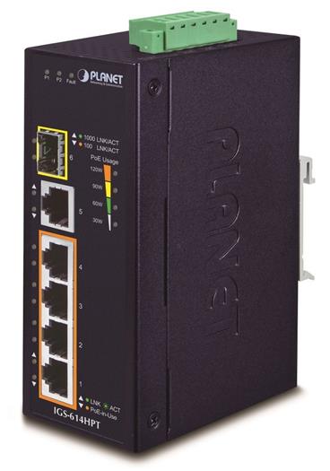 PLANET IGS-614HPT Průmyslový PoE Switch 5x 1000Base-T, 1x SFP, 4x PoE 802.3at, -40~+75°C, 12-56VDC, dual-power, DIN