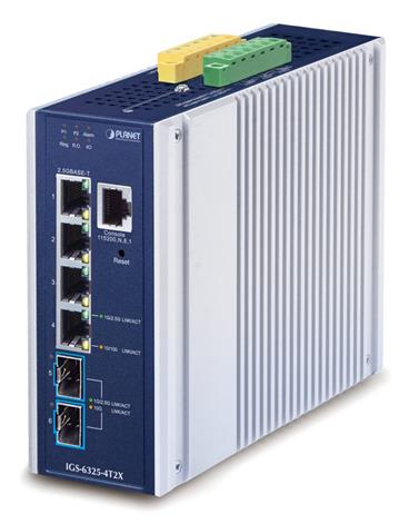 Planet IGS-6325-4T2X průmyslový L3 switch, 4x 1Gb + 2x 10Gb SFP+, -40 až 75°C, 9-48VDC, IP30, fanless