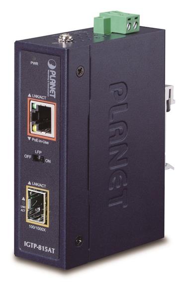 PLANET IGTP-815AT PoE konvertor 802.3at, 1x 1000Base-T,1x 100/1000Base-X, SFP, -40 až 75 st.C, EFT+ESD, malý rozměr