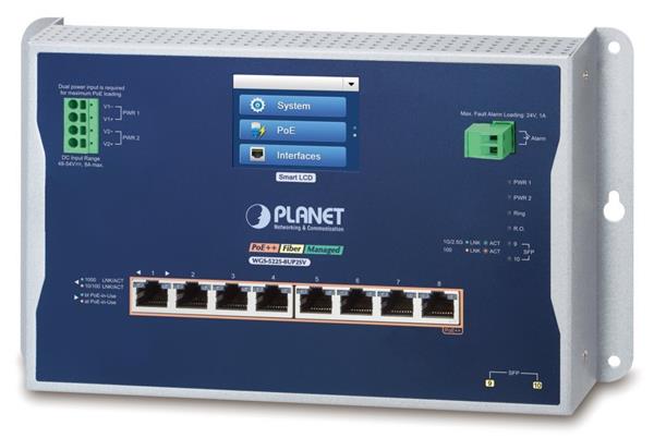 Planet Industrial L2+ 8-Port 10/100/1000T 802.3bt PoE + 2-Port 1G/2.5G SFP Wall-mount Managed Switch with LCD Touch