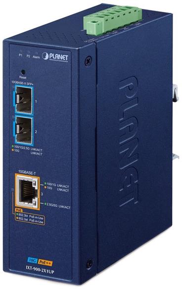 Planet IXT-900-2X1UP průmyslový konvertor, 1x10Gb PoE++ 802.3bt - 2x10GBase-X SFP+,-40~75°C, 12-54VDC, DIN, IP40, 95W