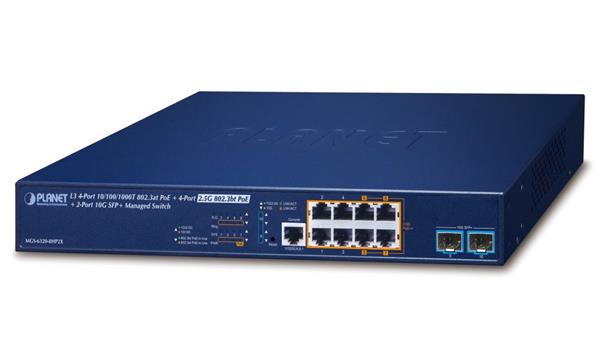 Planet MGS-6320-8HP2X L3 PoE switch, 4x Gb, 4x 2.5G, 2x 10G SFP+, RIPv2/OSPFv2/OSPFv3, management, IEEE 802.3bt-240W