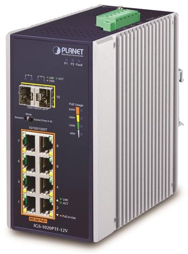PLANET Průmyslový L2 PoE 1Gbps switch, 8xTP + 2xSFP, 802.3at 30/240W, IP30, -40~+75°C, 12-56VDC
