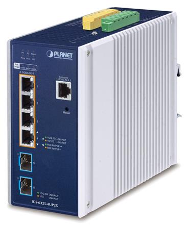 Planet průmyslový L3 PoE switch, 4x 2.5Gb + 2x 10Gb SFP+, 802.3bt 95/360W, -40 až 75°C, dual 48-54VDC, fanless