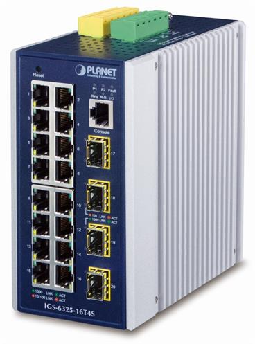 Planet průmyslový L3 switch, 16x1Gb + 4x1Gb SFP, -40 až 75°C, dual 9-48VDC, IP30, fanless