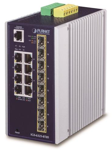 Planet průmyslový L3 switch, 8x1Gb + 8x1Gb SFP, -40 až 75°C, 12-48VDC, IP30, fanless