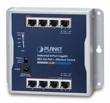 PLANET průmyslový/nástěnný PoE switch 8x 1Gb, 8x PoE 802.3at 30/120W, IP30, 48-56V, -20/+60st, fanless