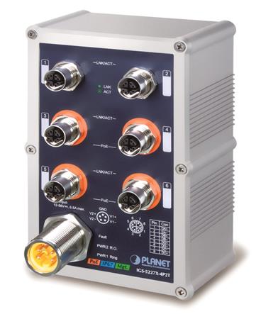 PLANET vodotěsný průmyslový L3 switch 4x 10/100/1000T M12, 4x PoE 802.3at 36/144W, -40~75°C, 12-56VDC, IP67, EN50155