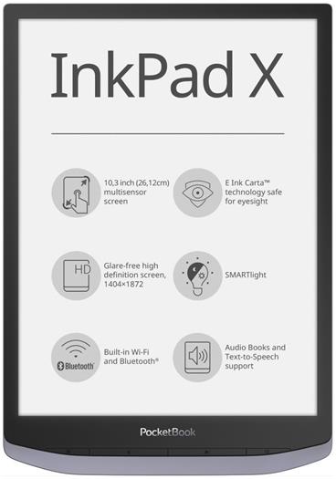 POCKETBOOK e-book reader InkPad X/ 32GB/ 10,3"/ Wi-Fi/ BT/ USB C 2.0/ čeština/ Linux 3.10.65/ metalická šedá