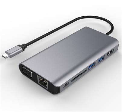 PremiumCord Převodník USB3.1 typ C na HDMI+VGA+RJ45+2xUSB3.0+SD card +3,5mm+PD charge