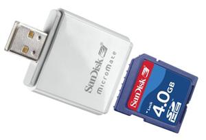 SanDisk 4 GB SDHC, class 2 + MicroMate SD/SDHC čtečka