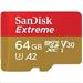SanDisk Extreme microSDXC 64GB - 160MB/s R/60MB/s W, A2 C10 V30 UHS-I, Adapter