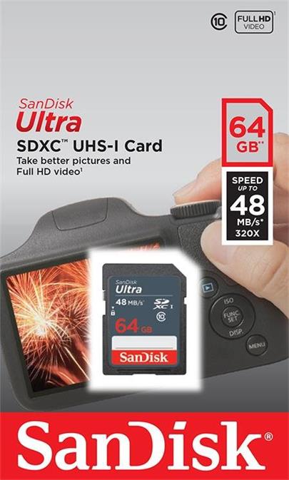 SanDisk Ultra paměťová karta SDXC 64GB čtení: až 48MB/s Class 10 UHS-I,